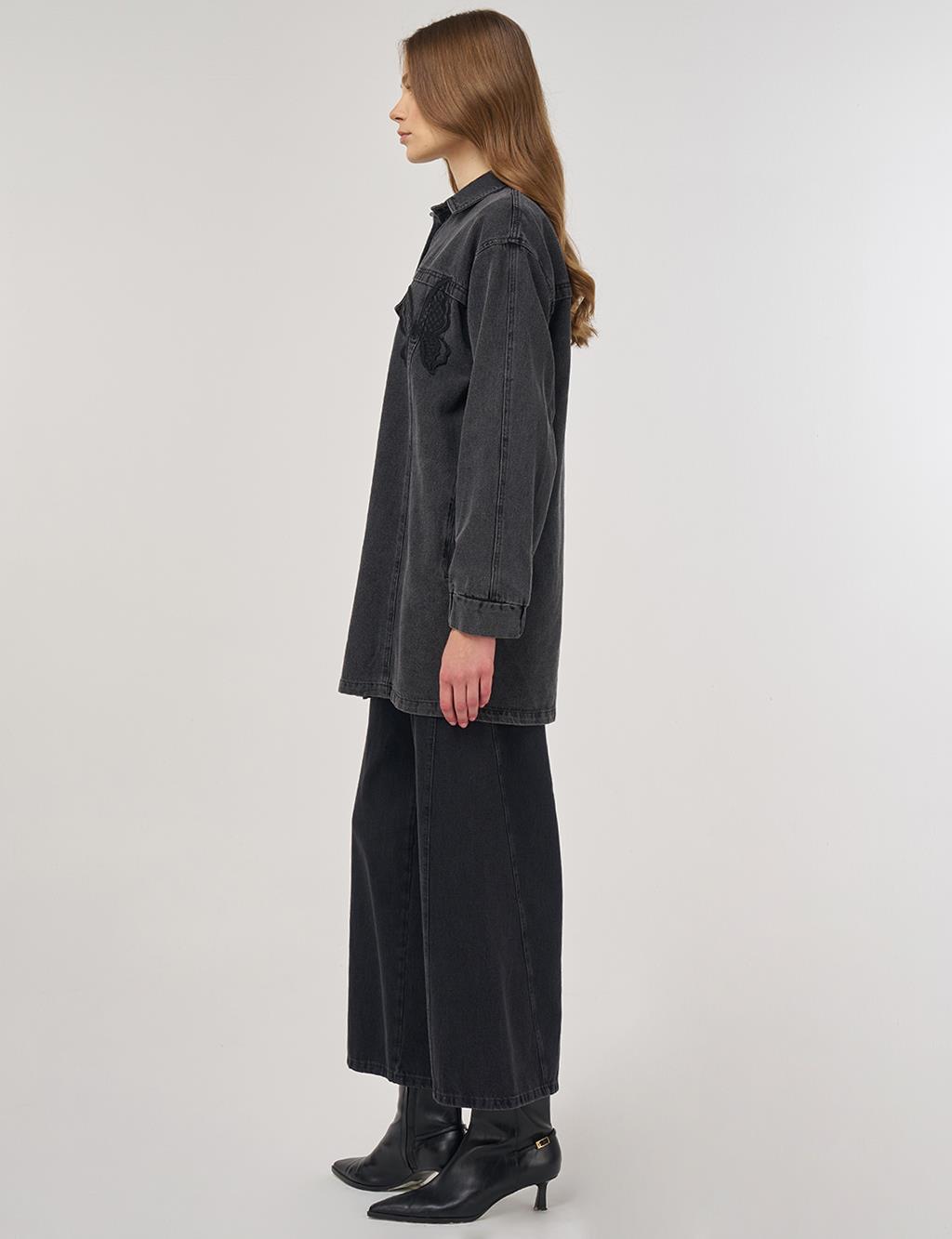 Butterfly Appliqué Canvas Jacket Black 