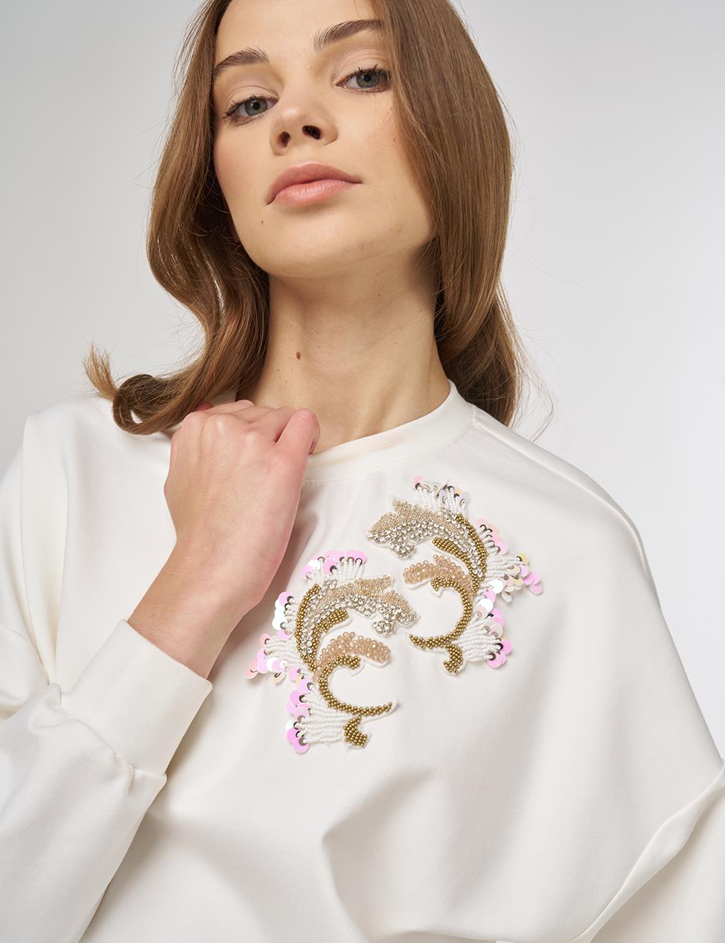 Embroidered Scuba Sweatshirt Ecru