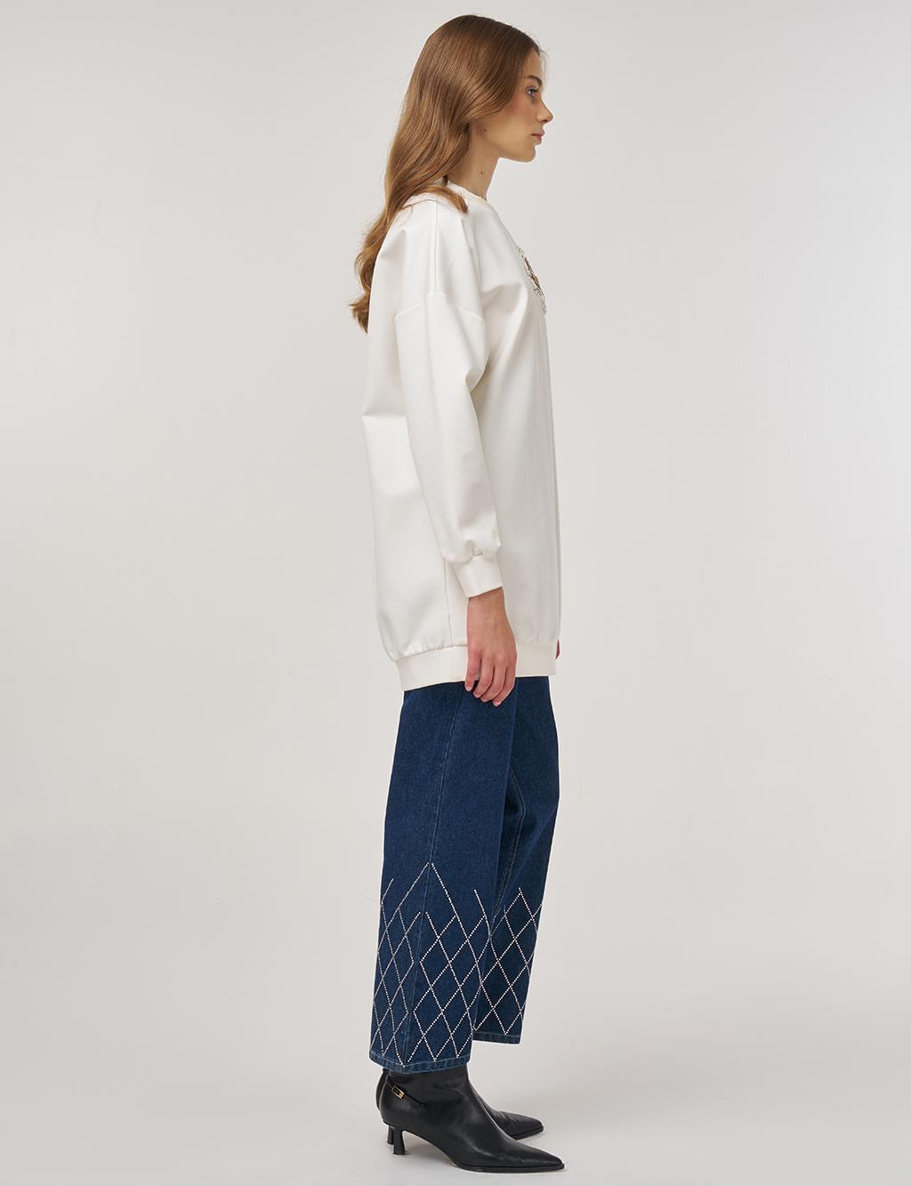 Embroidered Scuba Sweatshirt Ecru