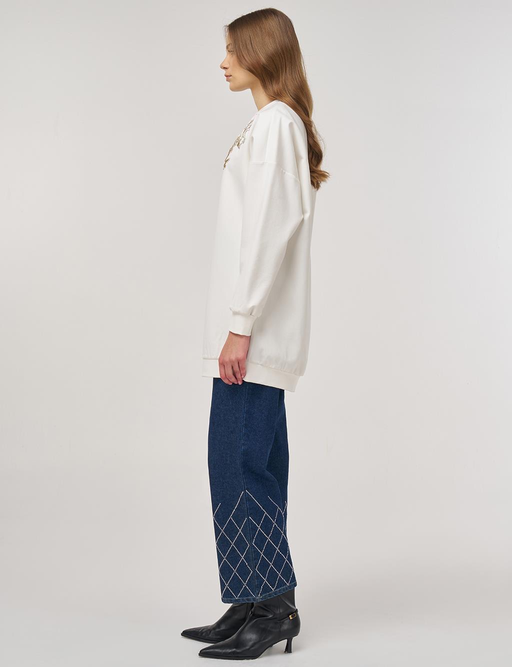 Embroidered Scuba Sweatshirt Ecru