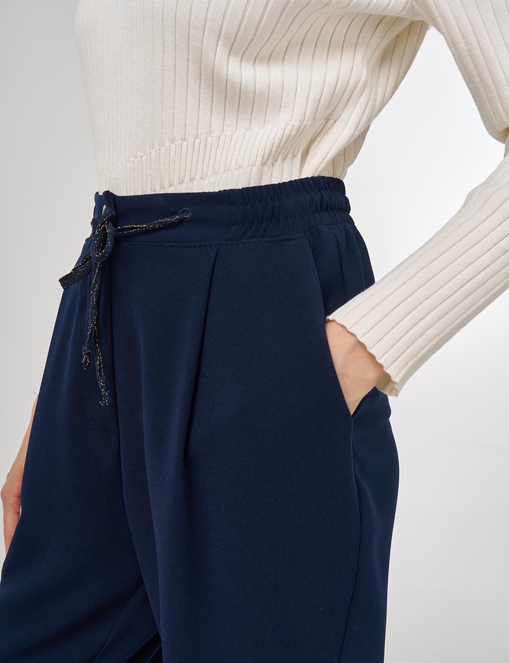 Bağcıklı Viskon Pantolon Koyu Lacivert 