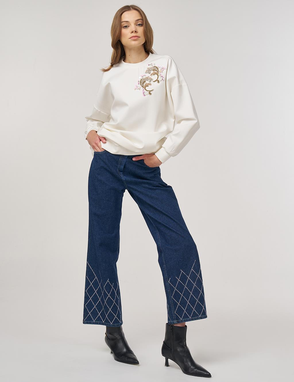 Embroidered Scuba Sweatshirt Ecru