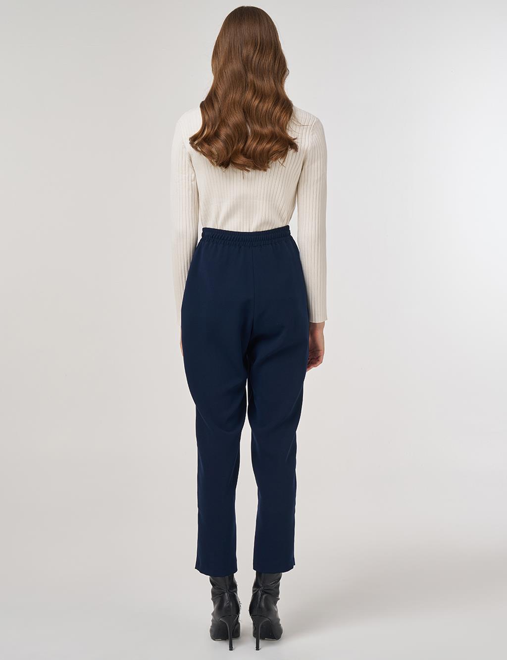 Bağcıklı Viskon Pantolon Koyu Lacivert 
