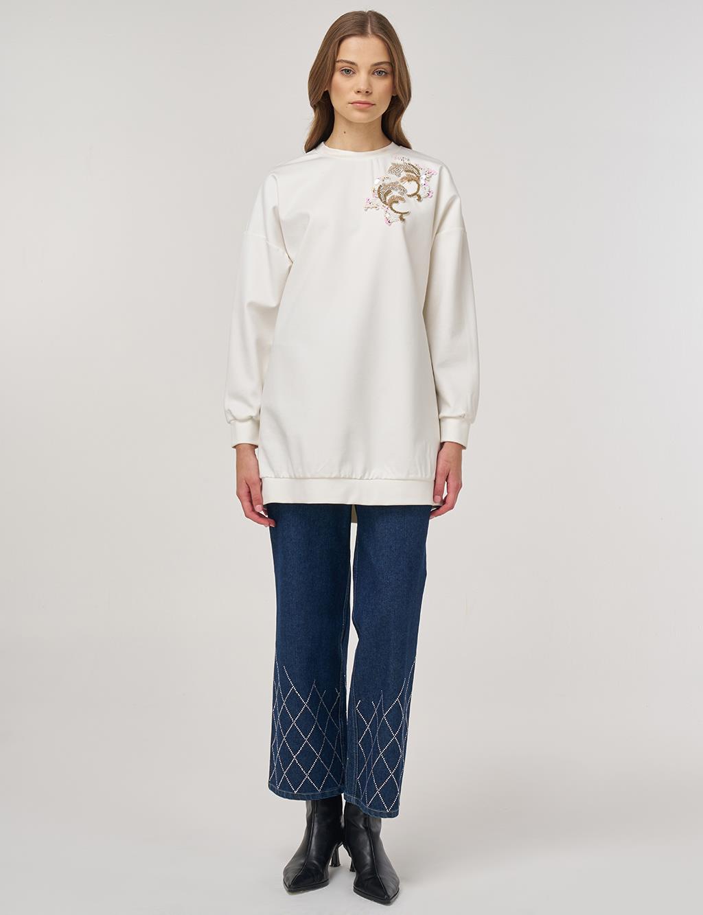 Embroidered Scuba Sweatshirt Ecru
