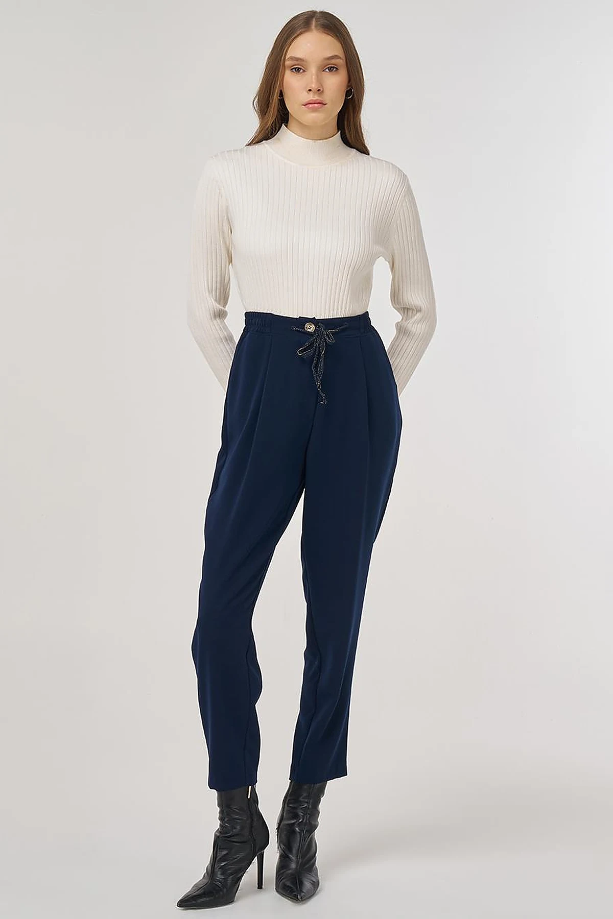 Drawstring Viscose Pants Dark Navy Blue
