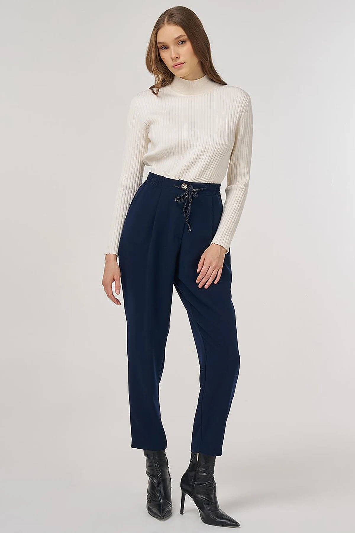 Drawstring Viscose Pants Dark Navy Blue