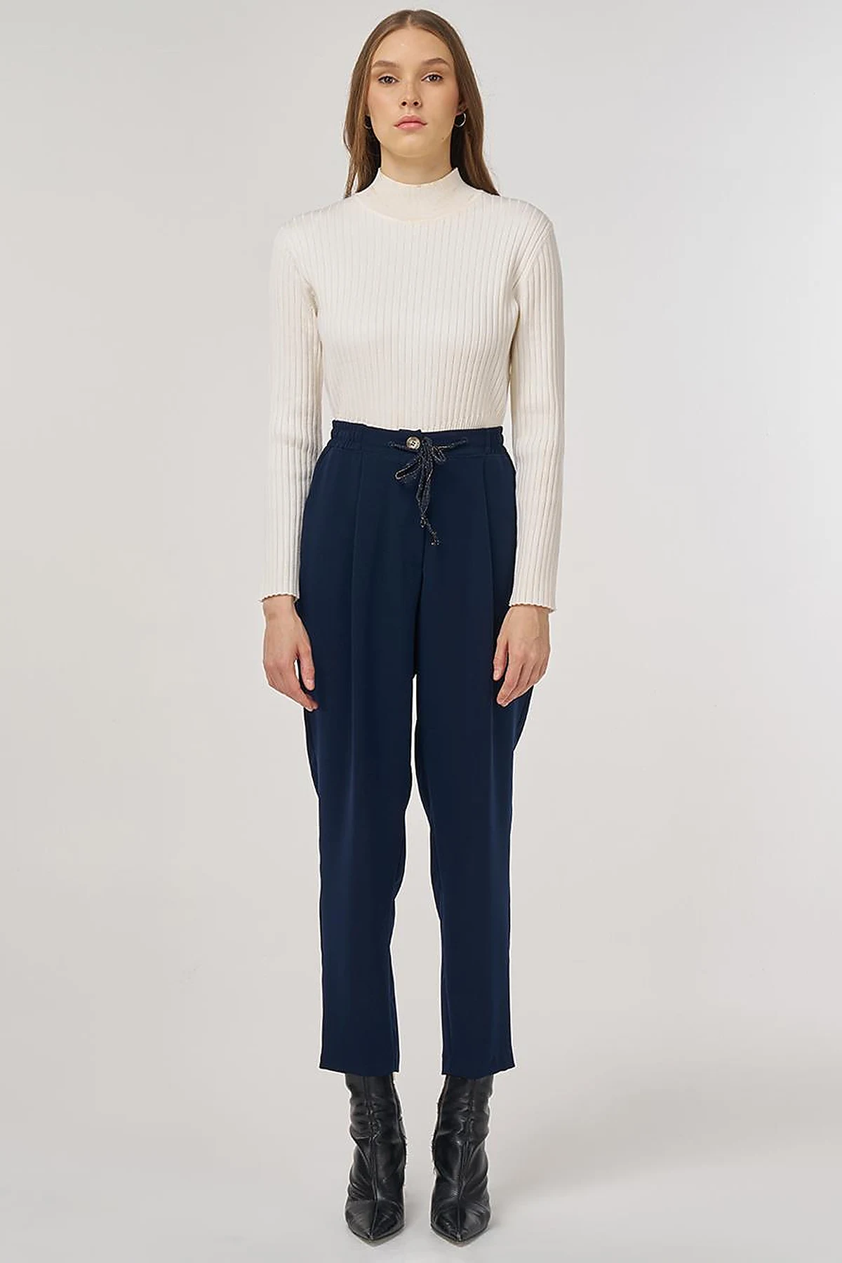 Drawstring Viscose Pants Dark Navy Blue