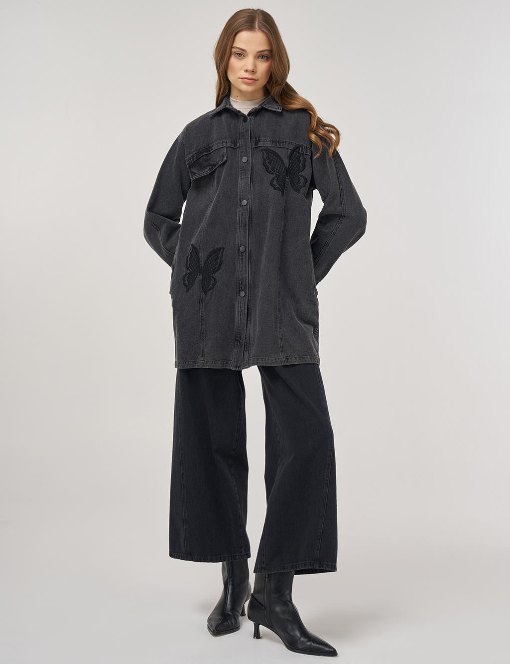 Butterfly Appliqué Canvas Jacket Black 