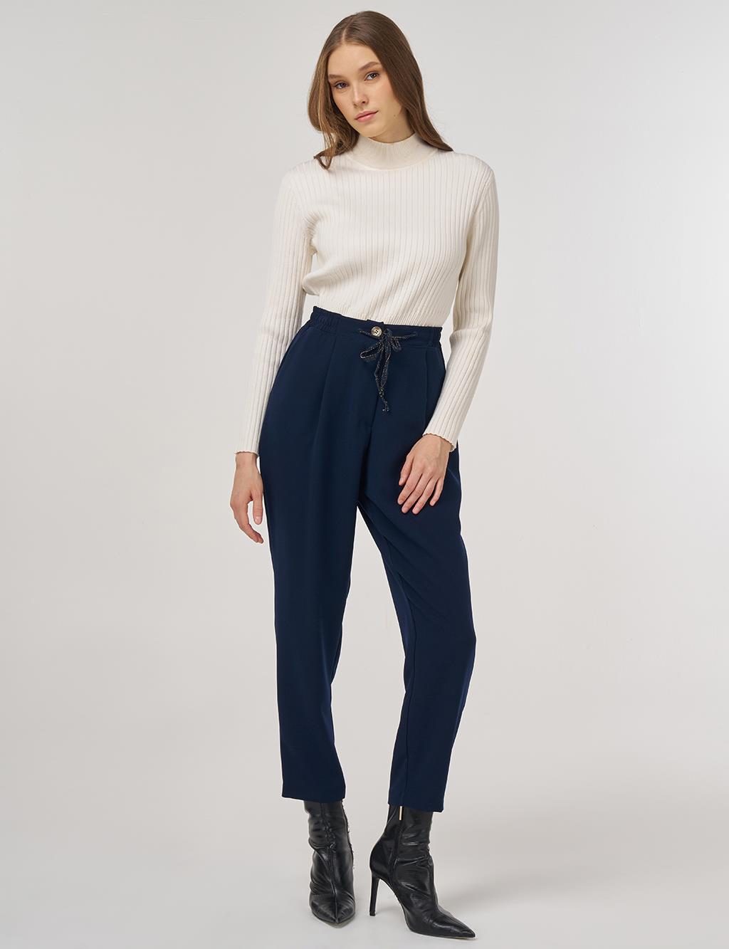 Bağcıklı Viskon Pantolon Koyu Lacivert 