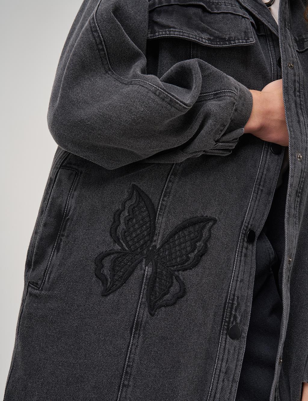 Butterfly Appliqué Canvas Jacket Black 