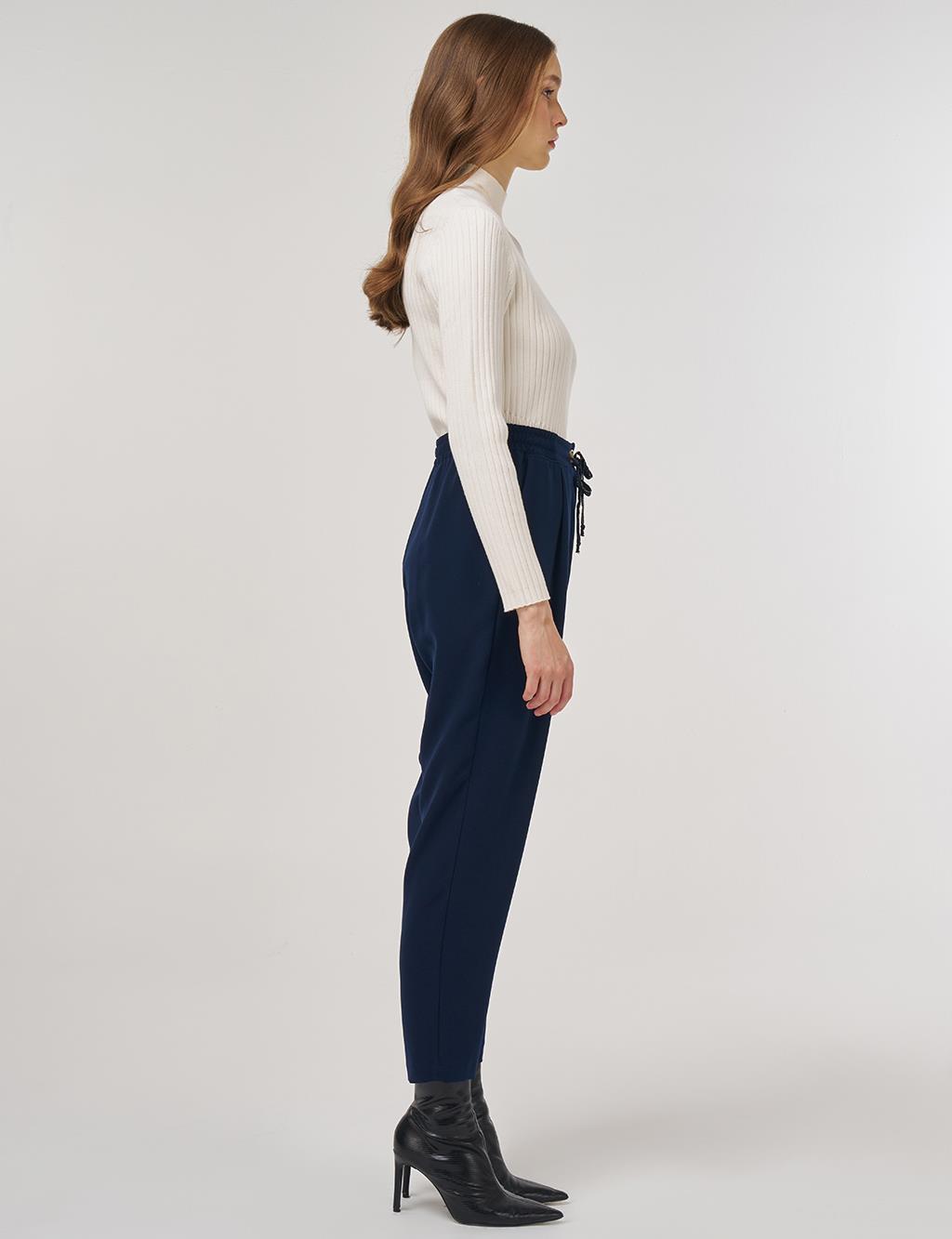 Bağcıklı Viskon Pantolon Koyu Lacivert 