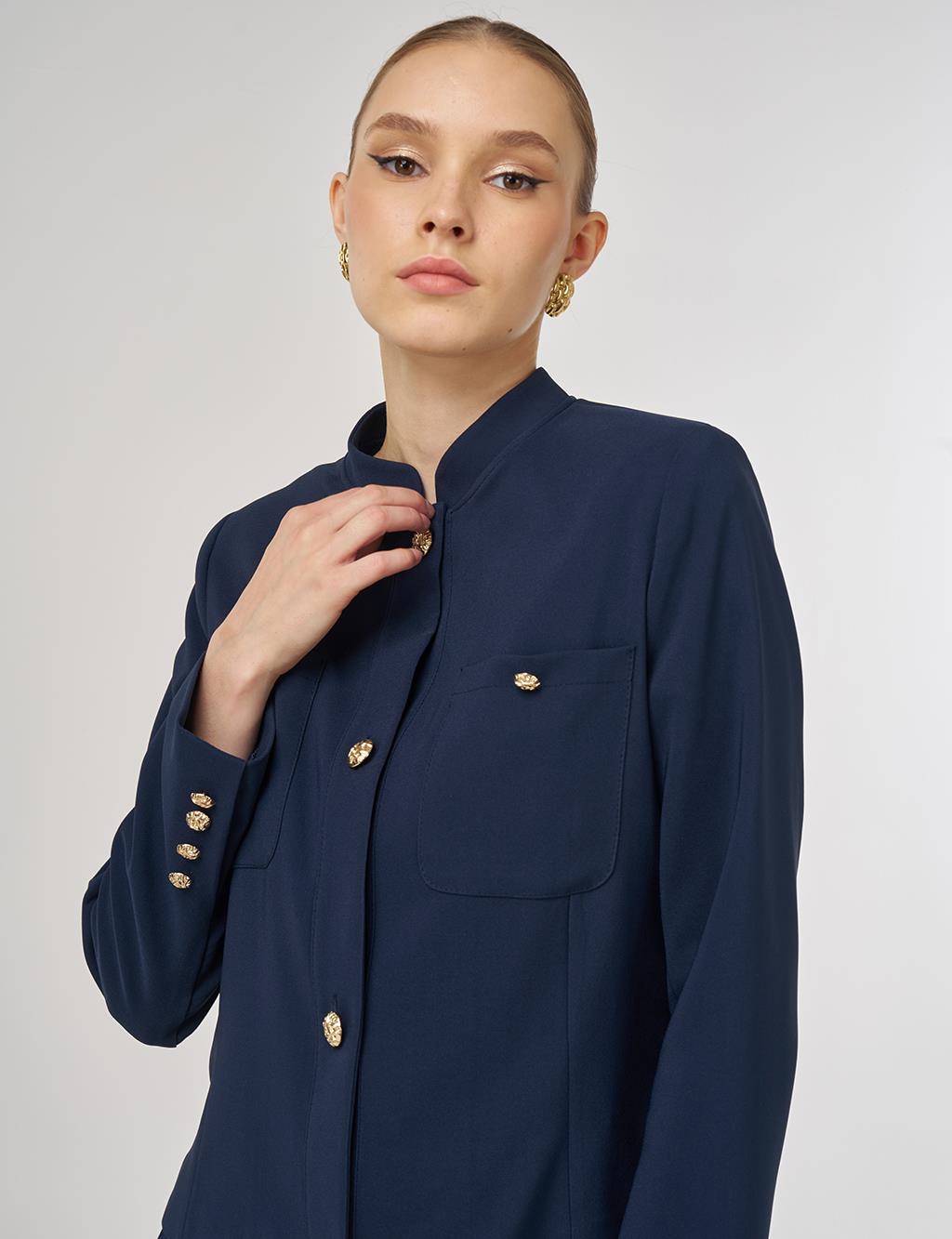 Gold-Button Skirted Set Dark Navy