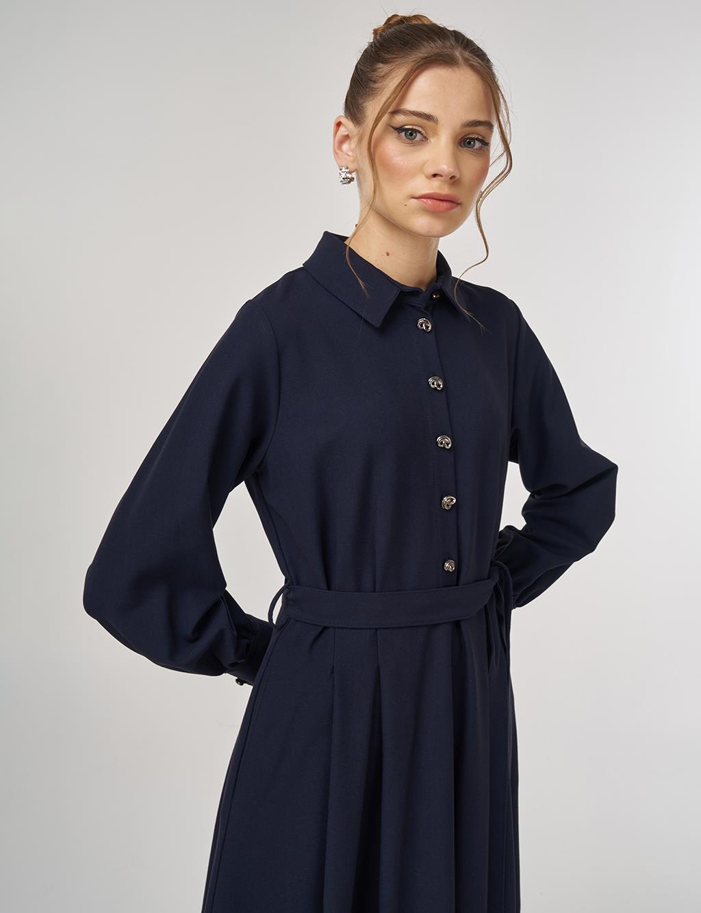 Button Detail Viscose Dress Dark Navy 