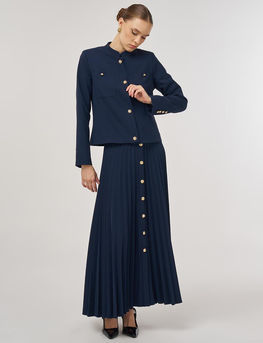 Gold-Button Skirted Set Dark Navy