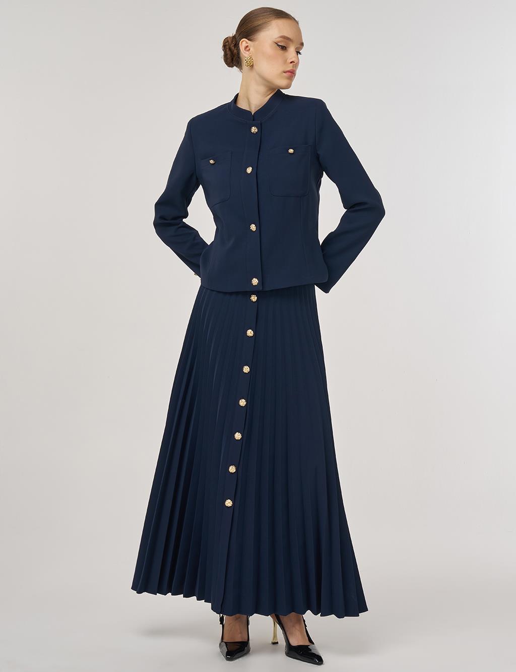 Gold-Button Skirted Set Dark Navy