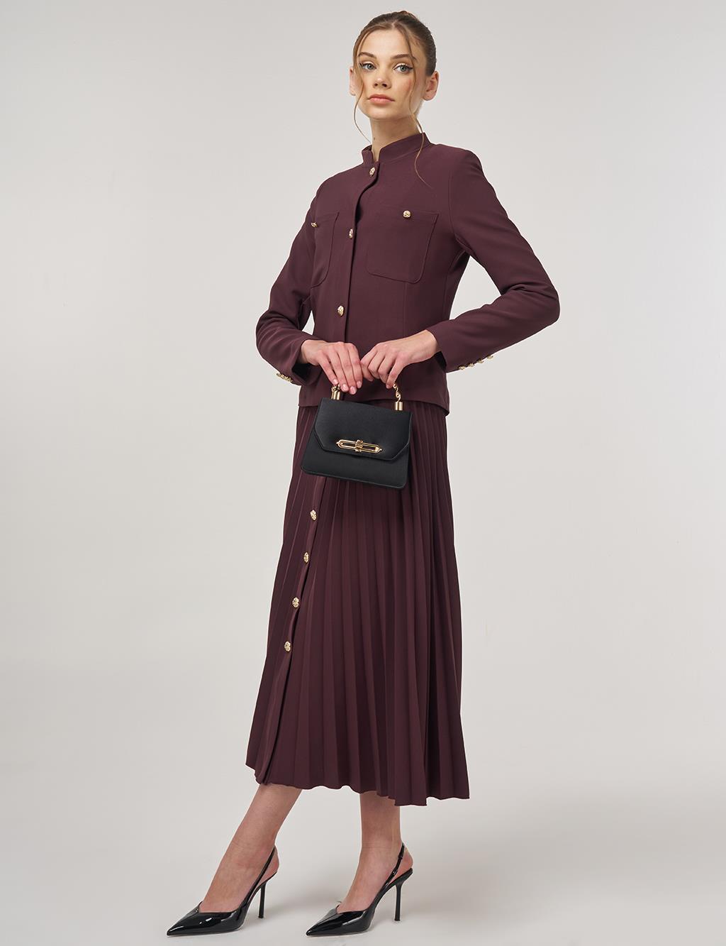 Gold-Button Skirted Set Dark Burgundy