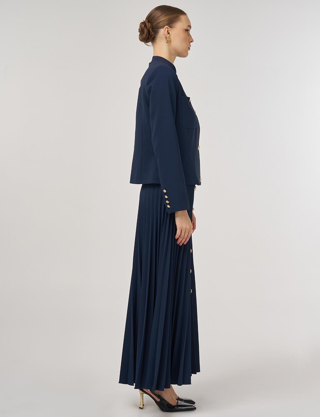 Gold-Button Skirted Set Dark Navy