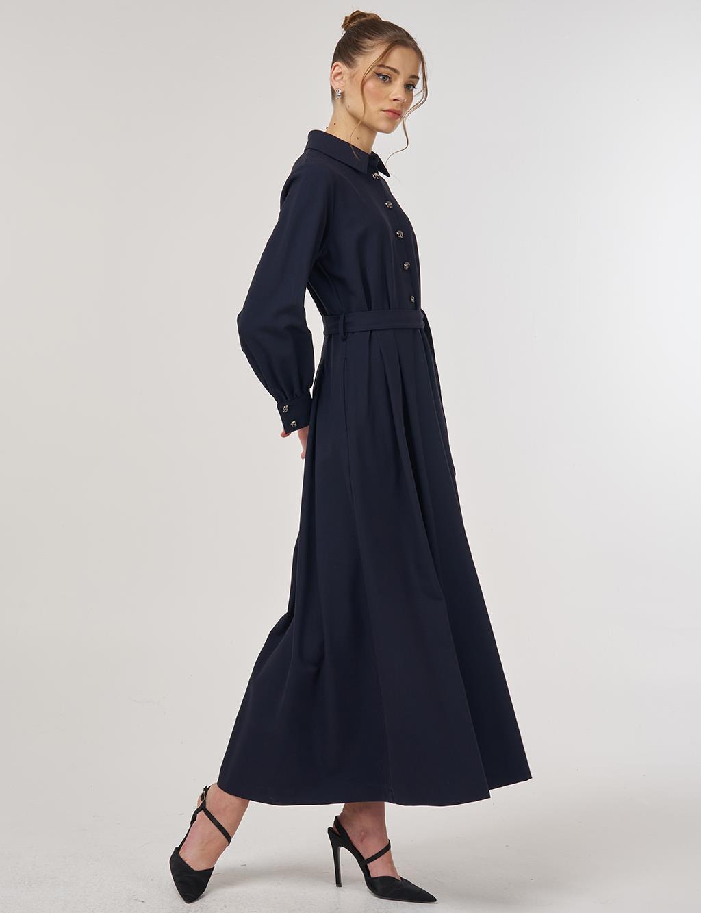 Button Detail Viscose Dress Dark Navy 