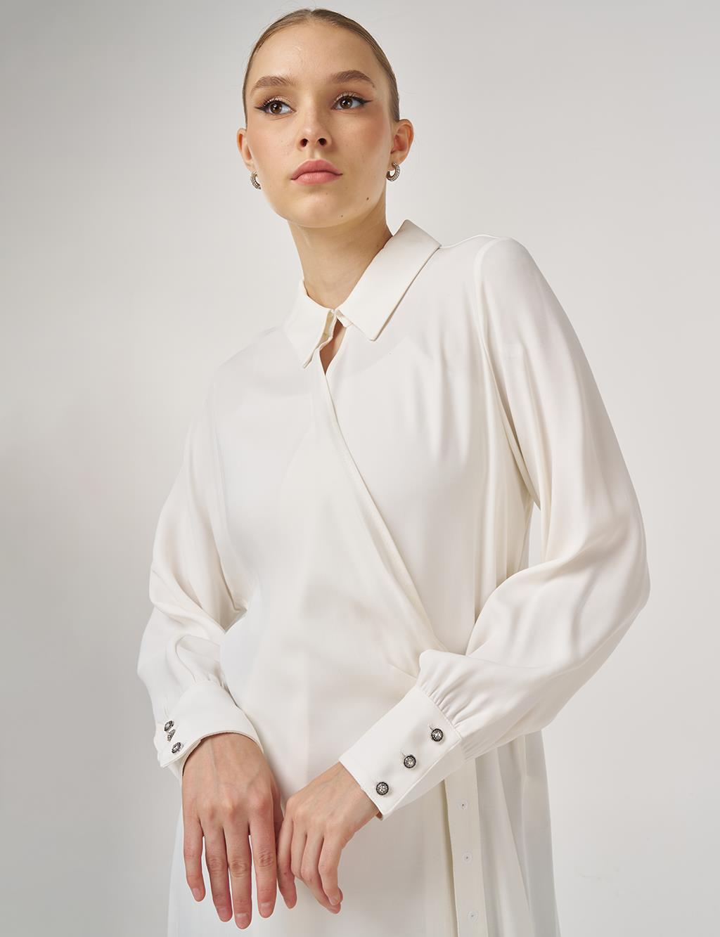 Metal Tokalı Uzun Tunik Ekru