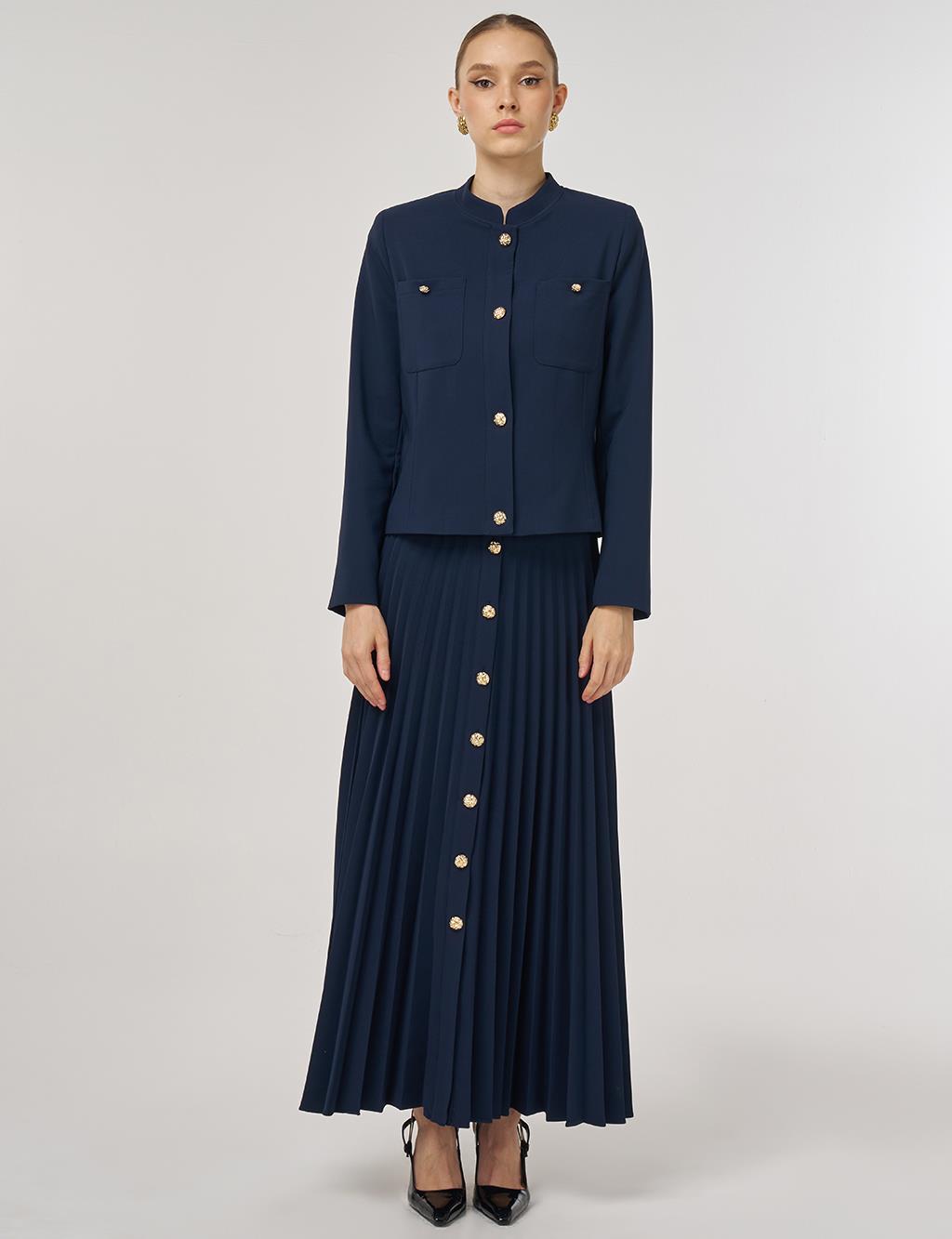 Gold-Button Skirted Set Dark Navy