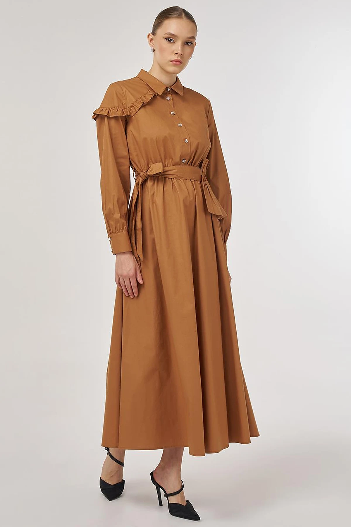 Ruffle-Detail Cotton Dress Tobacco