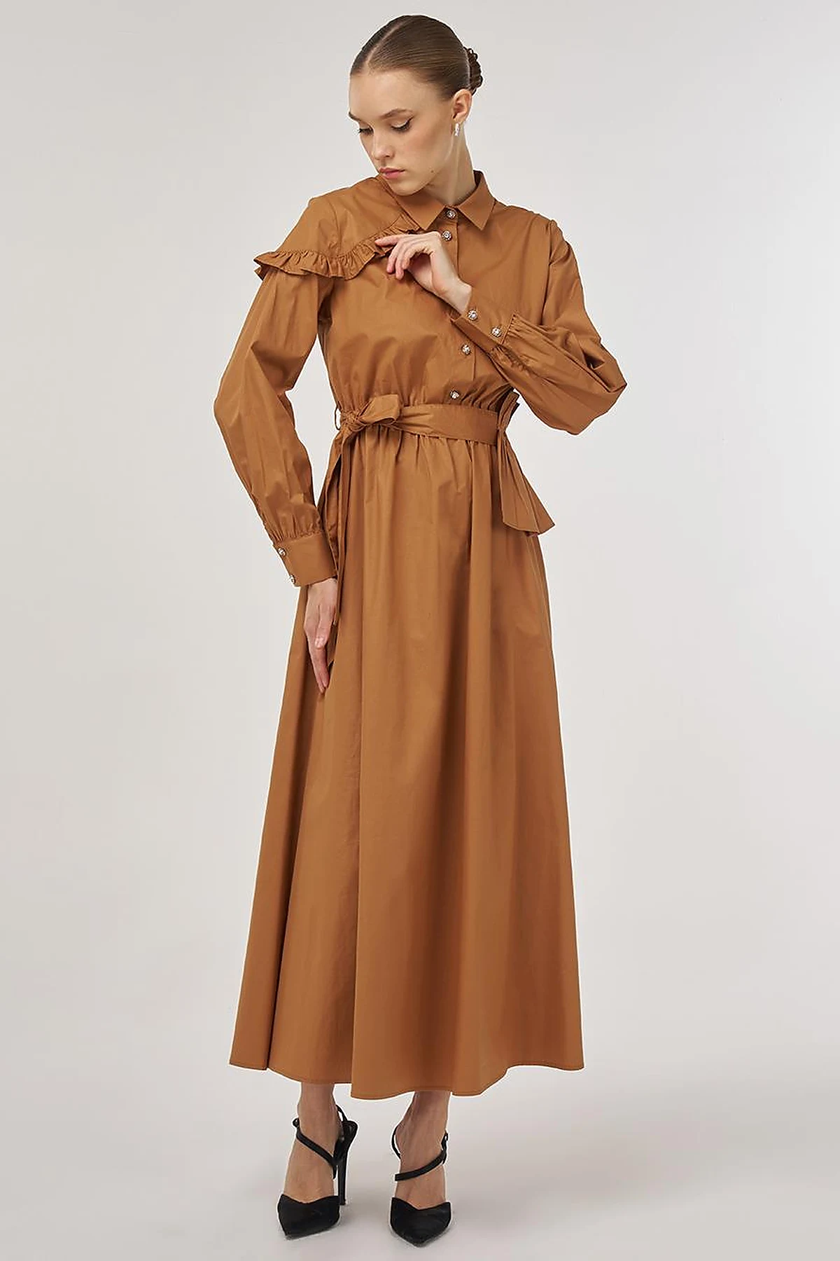 Ruffle-Detail Cotton Dress Tobacco