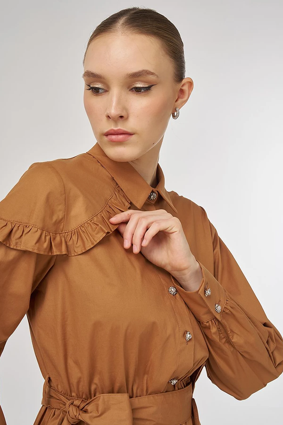 Ruffle-Detail Cotton Dress Tobacco