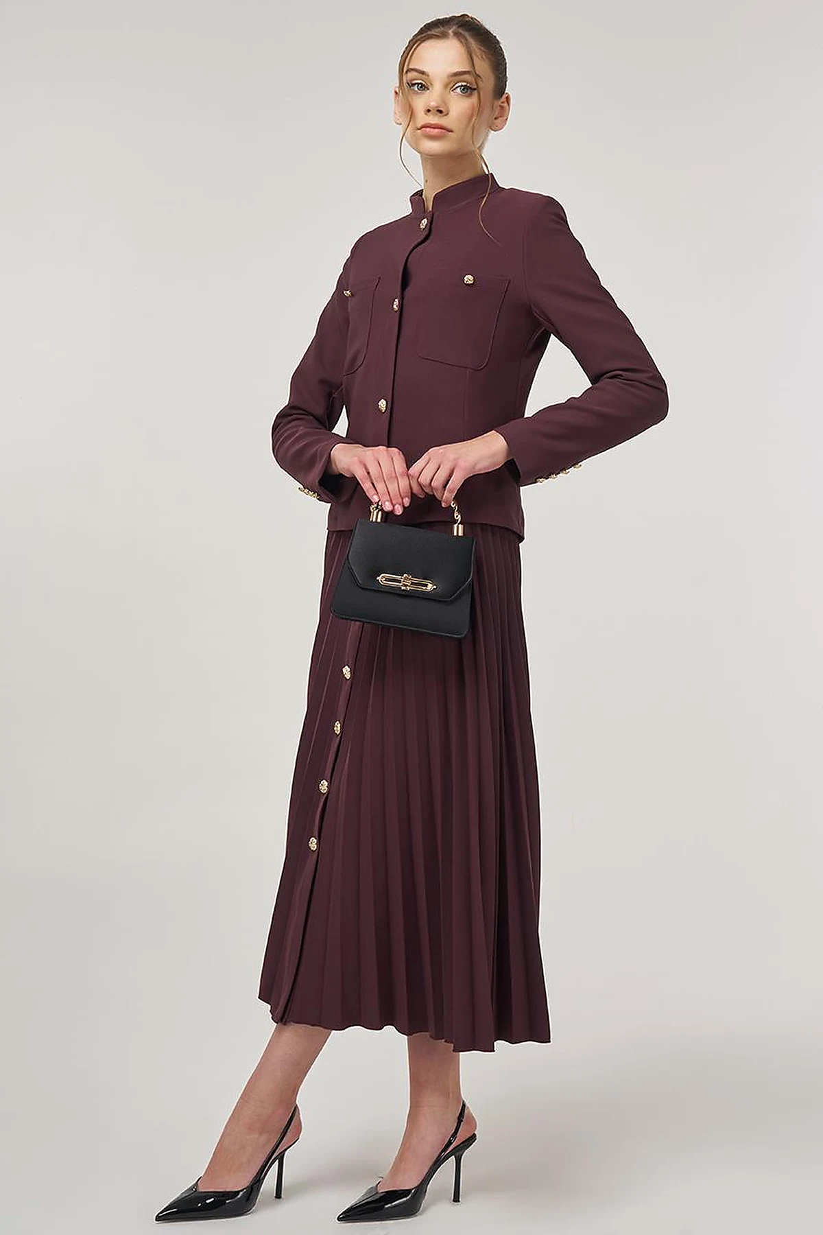 Gold-Button Skirted Set Dark Burgundy