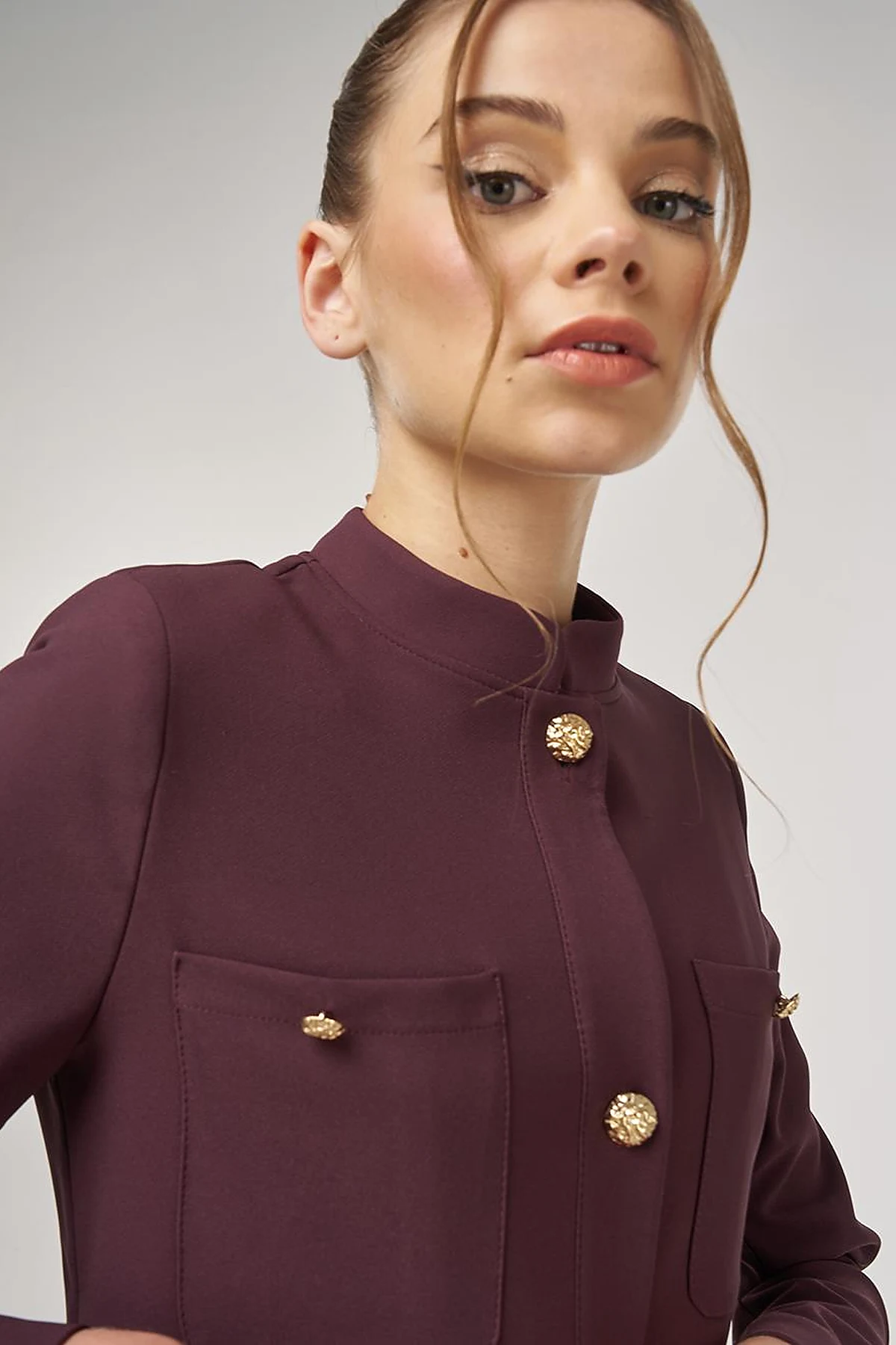 Gold-Button Skirted Set Dark Burgundy
