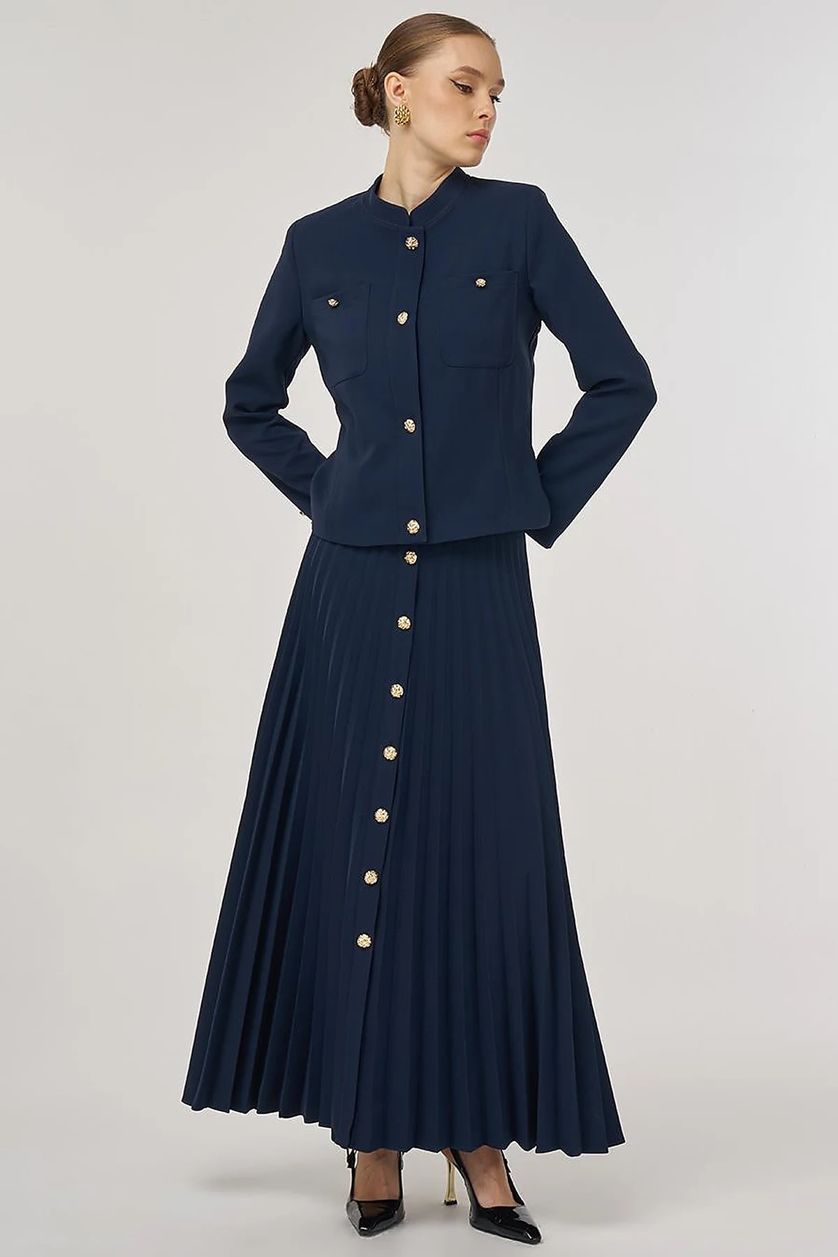 Gold-Button Skirted Set Dark Navy