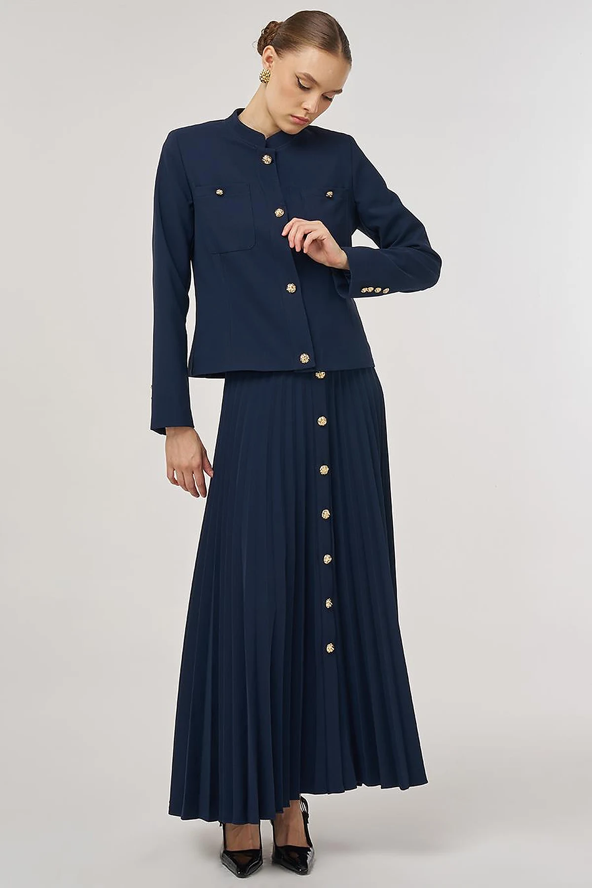 Gold-Button Skirted Set Dark Navy