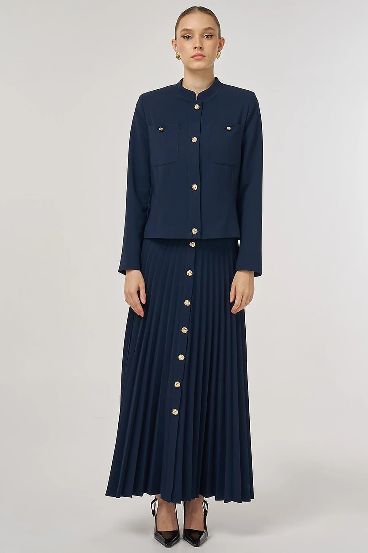 Gold-Button Skirted Set Dark Navy
