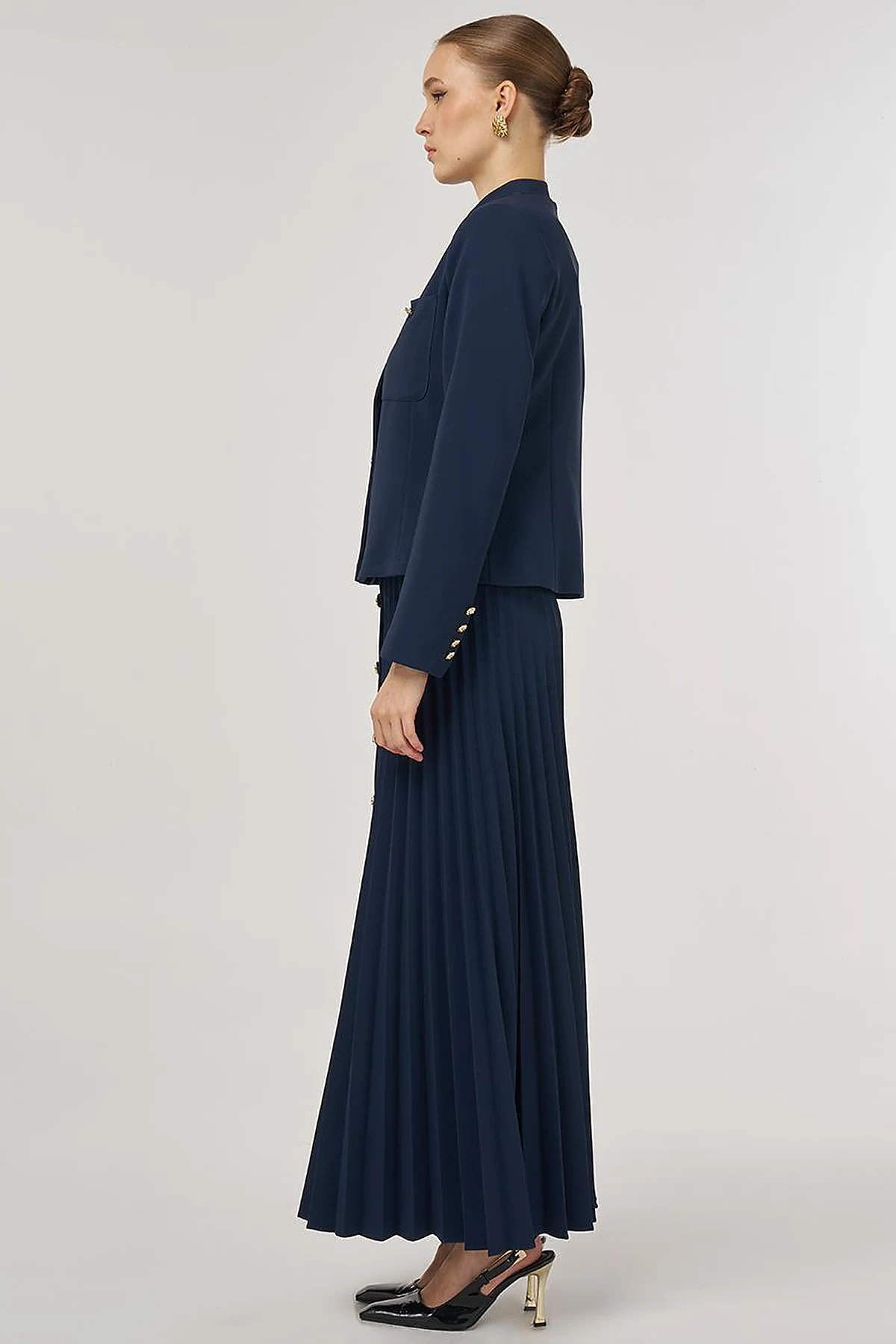 Gold-Button Skirted Set Dark Navy