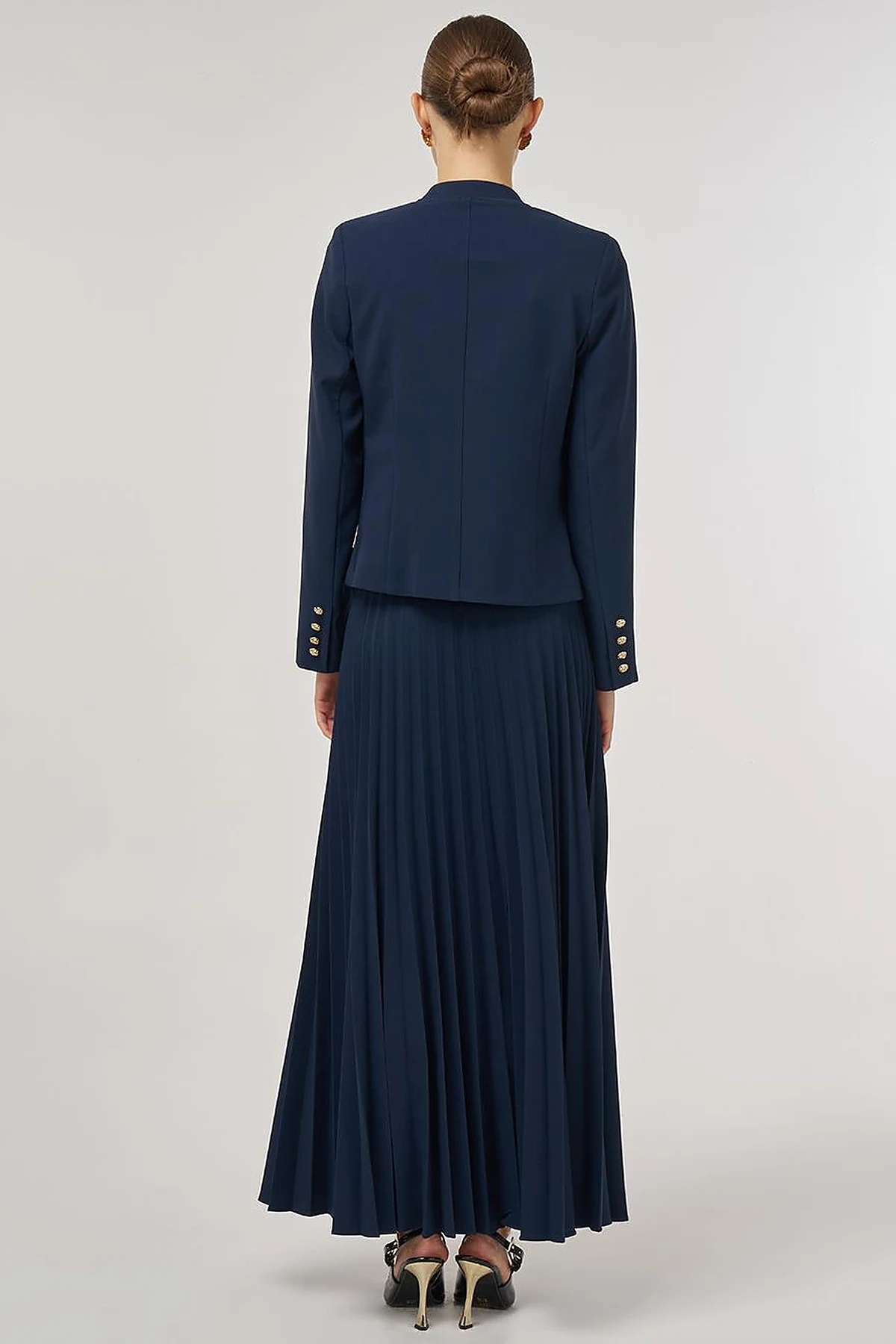 Gold-Button Skirted Set Dark Navy