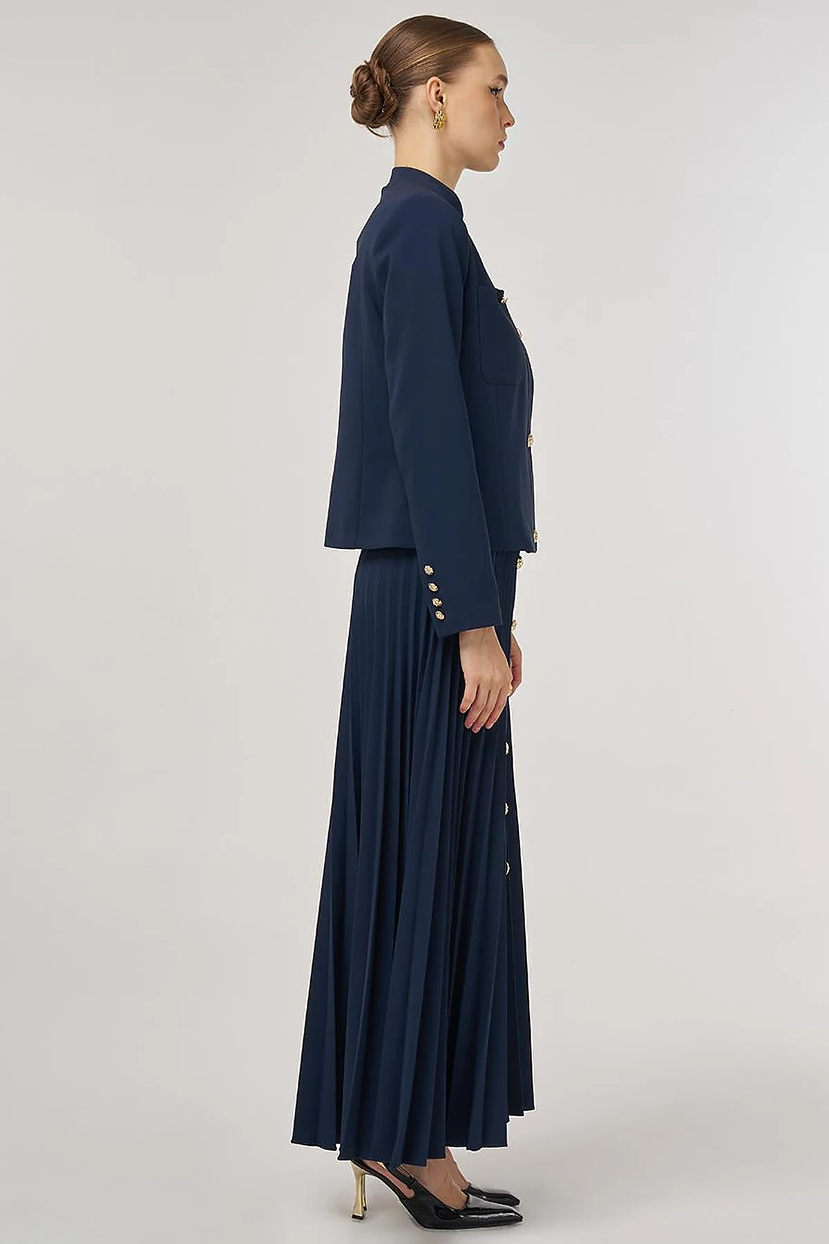 Gold-Button Skirted Set Dark Navy