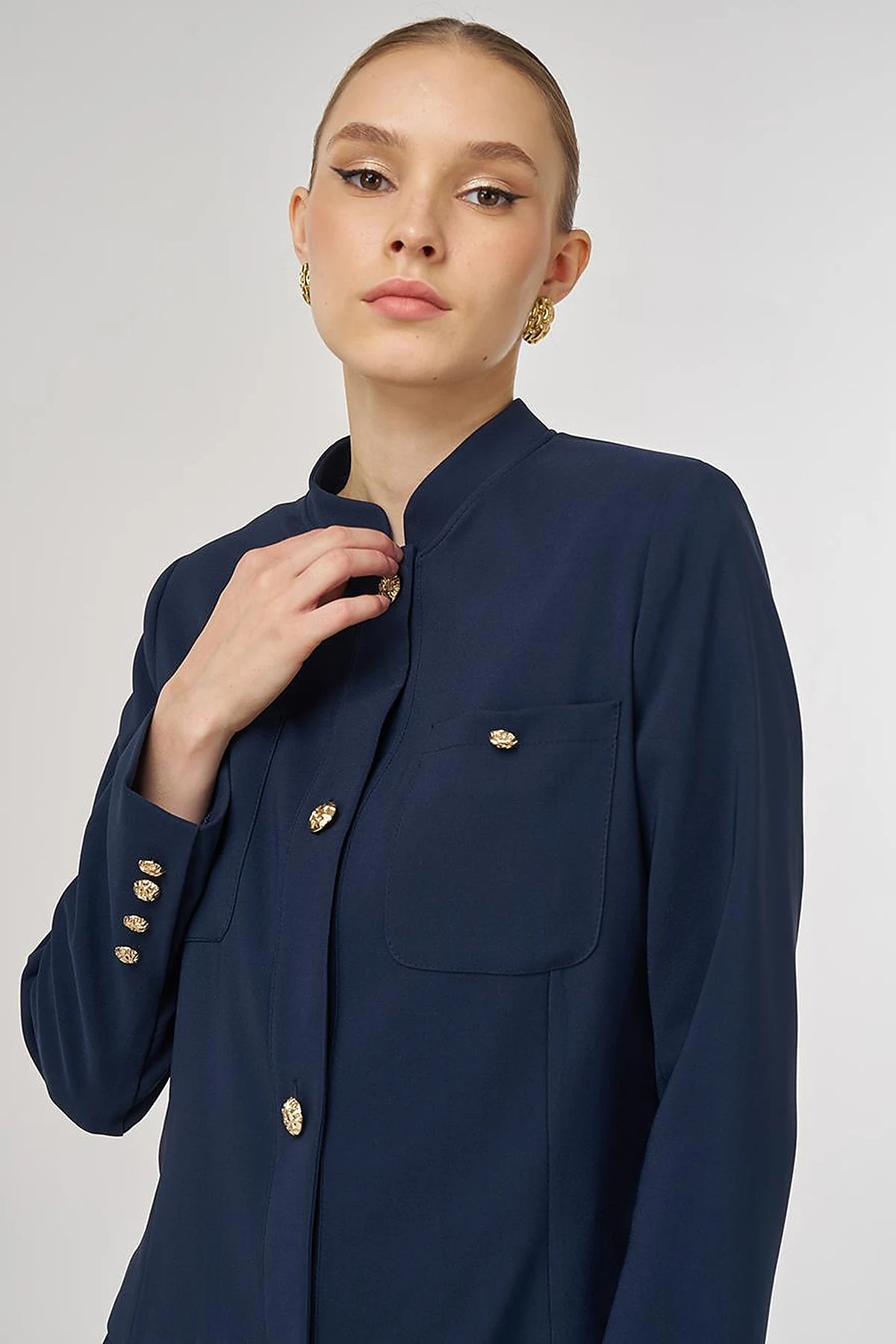 Gold-Button Skirted Set Dark Navy