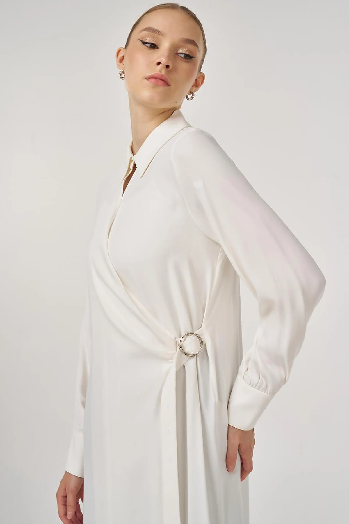 Metal-Buckle Long Tunic Ecru