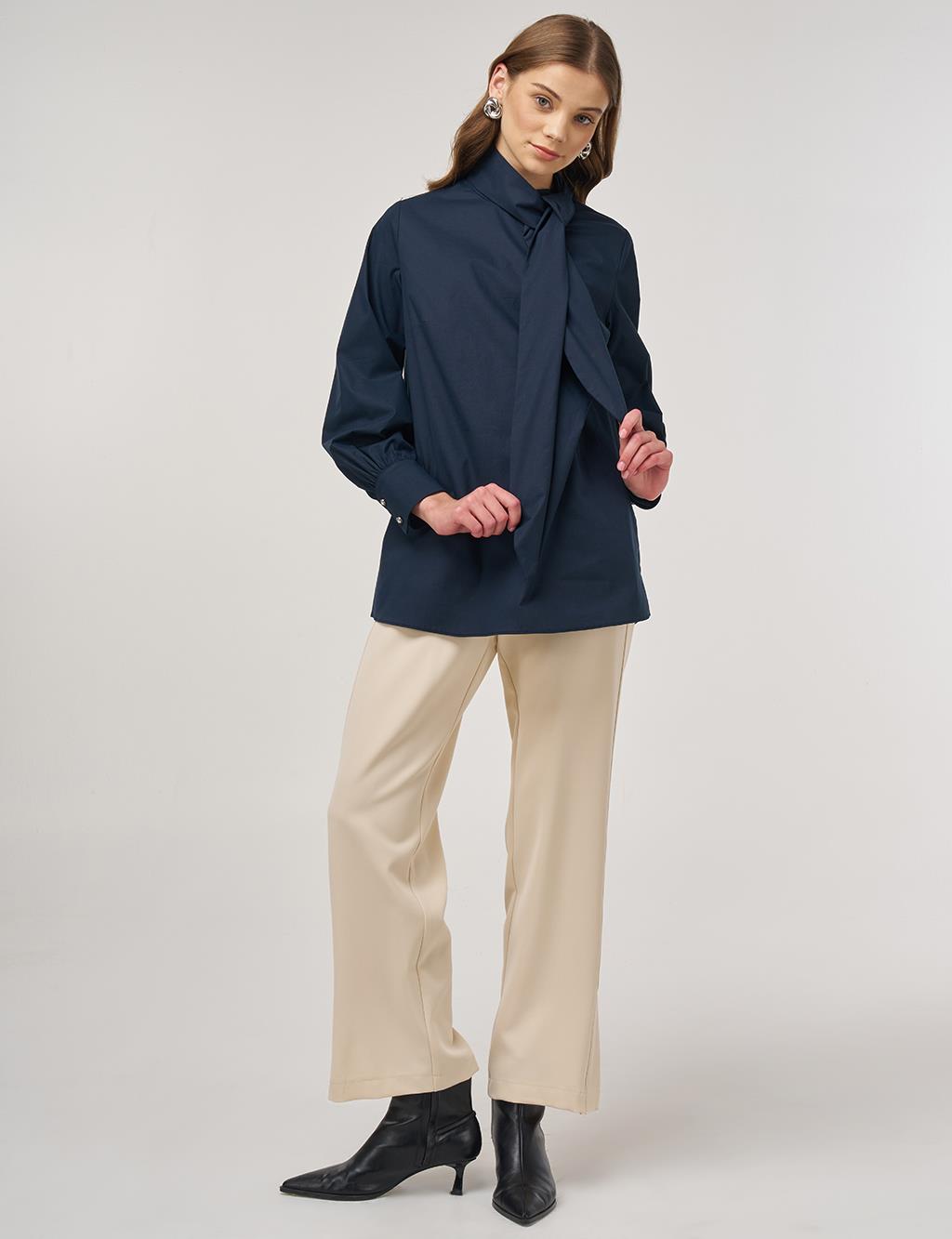 Collar-Detail Cotton Tunic Dark Navy 