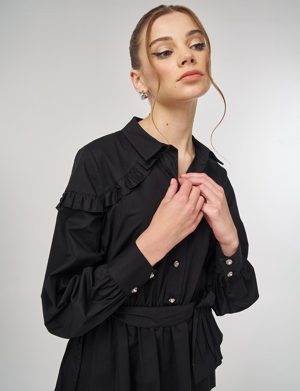 Ruffle-Detail Cotton Dress Black