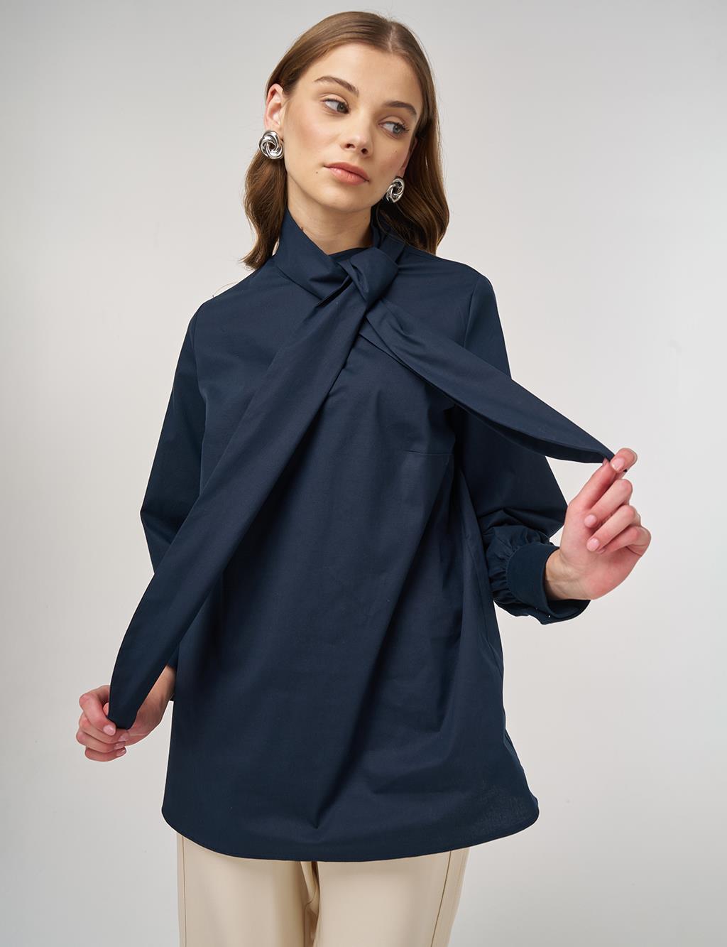Collar-Detail Cotton Tunic Dark Navy 