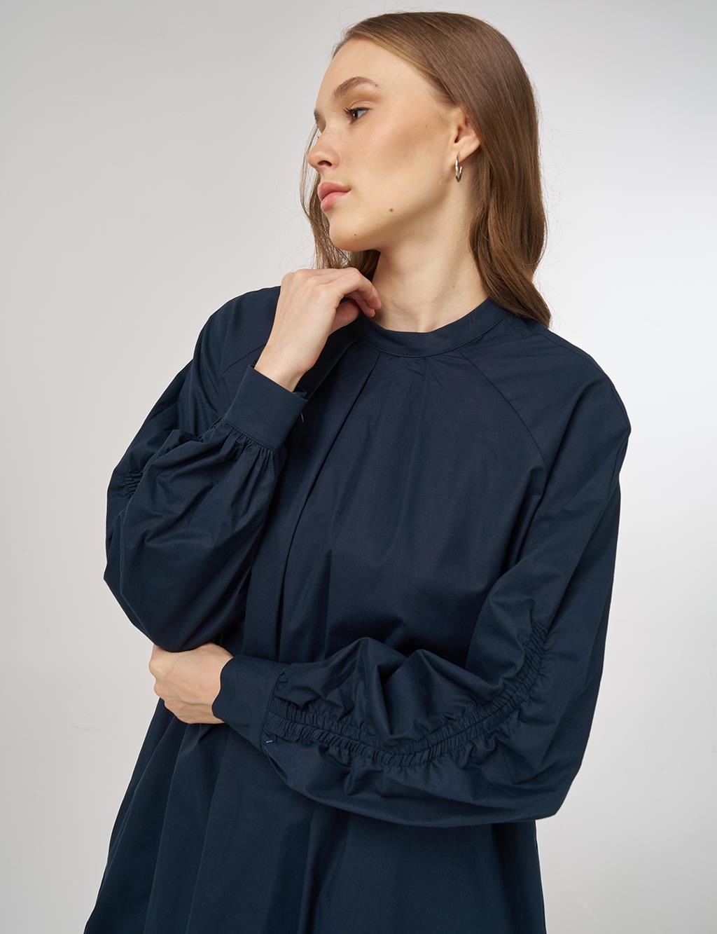 Pleat-Detail Cotton Tunic Dark Navy 