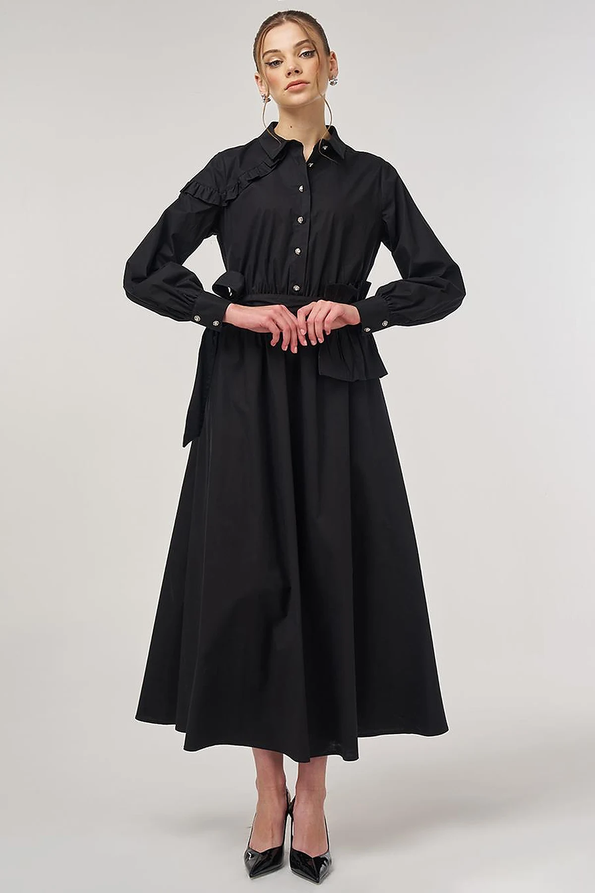 Ruffle-Detail Cotton Dress Black