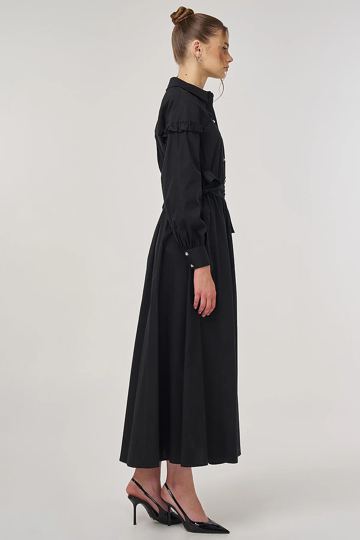 Ruffle-Detail Cotton Dress Black