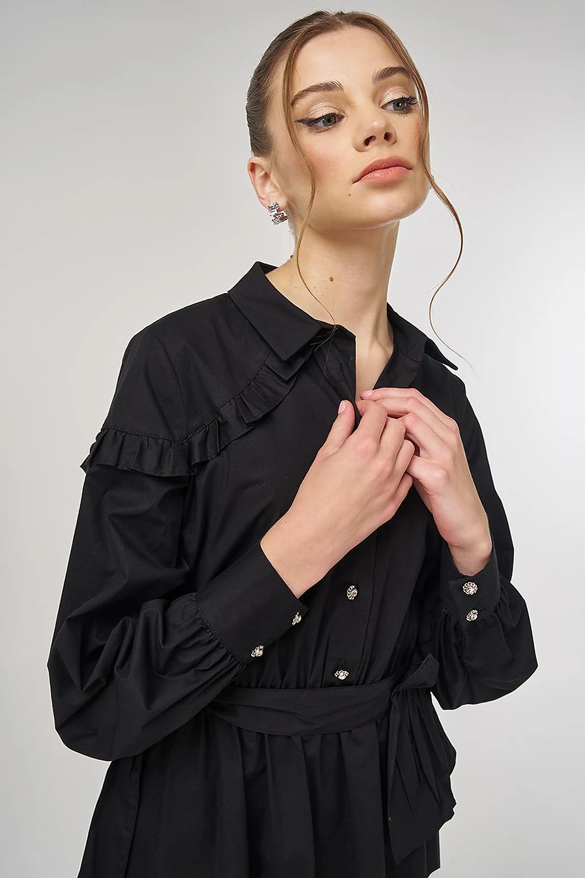 Ruffle-Detail Cotton Dress Black