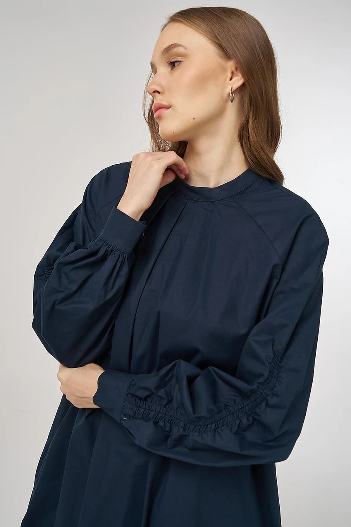 Pleat-Detail Cotton Tunic Dark Navy 