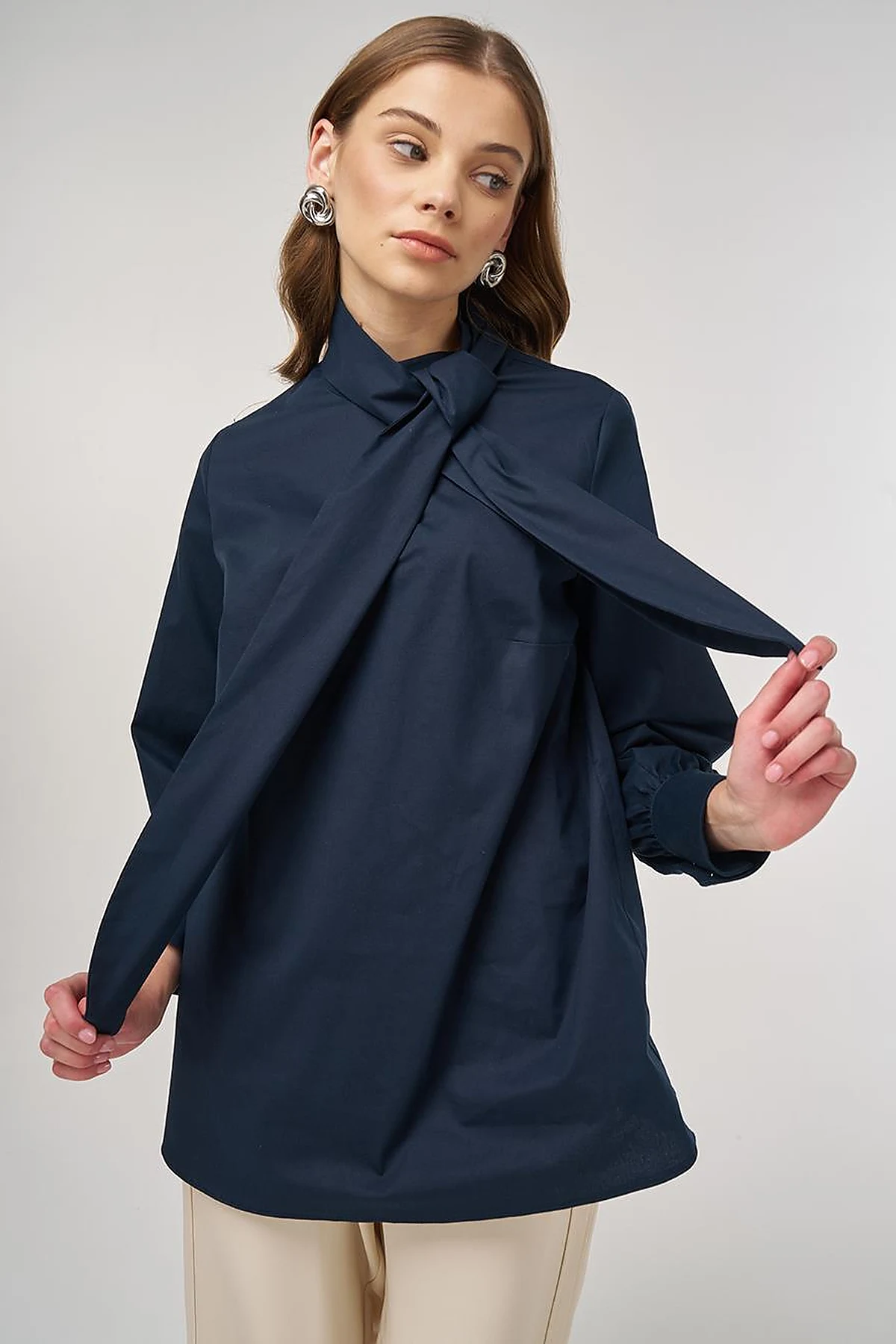 Collar-Detail Cotton Tunic Dark Navy 