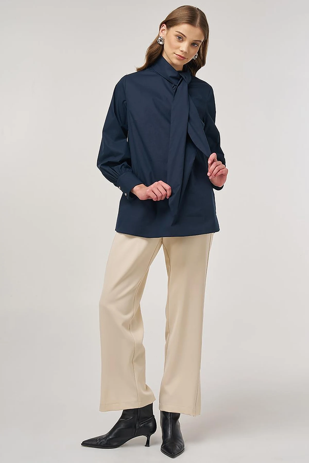 Collar-Detail Cotton Tunic Dark Navy 