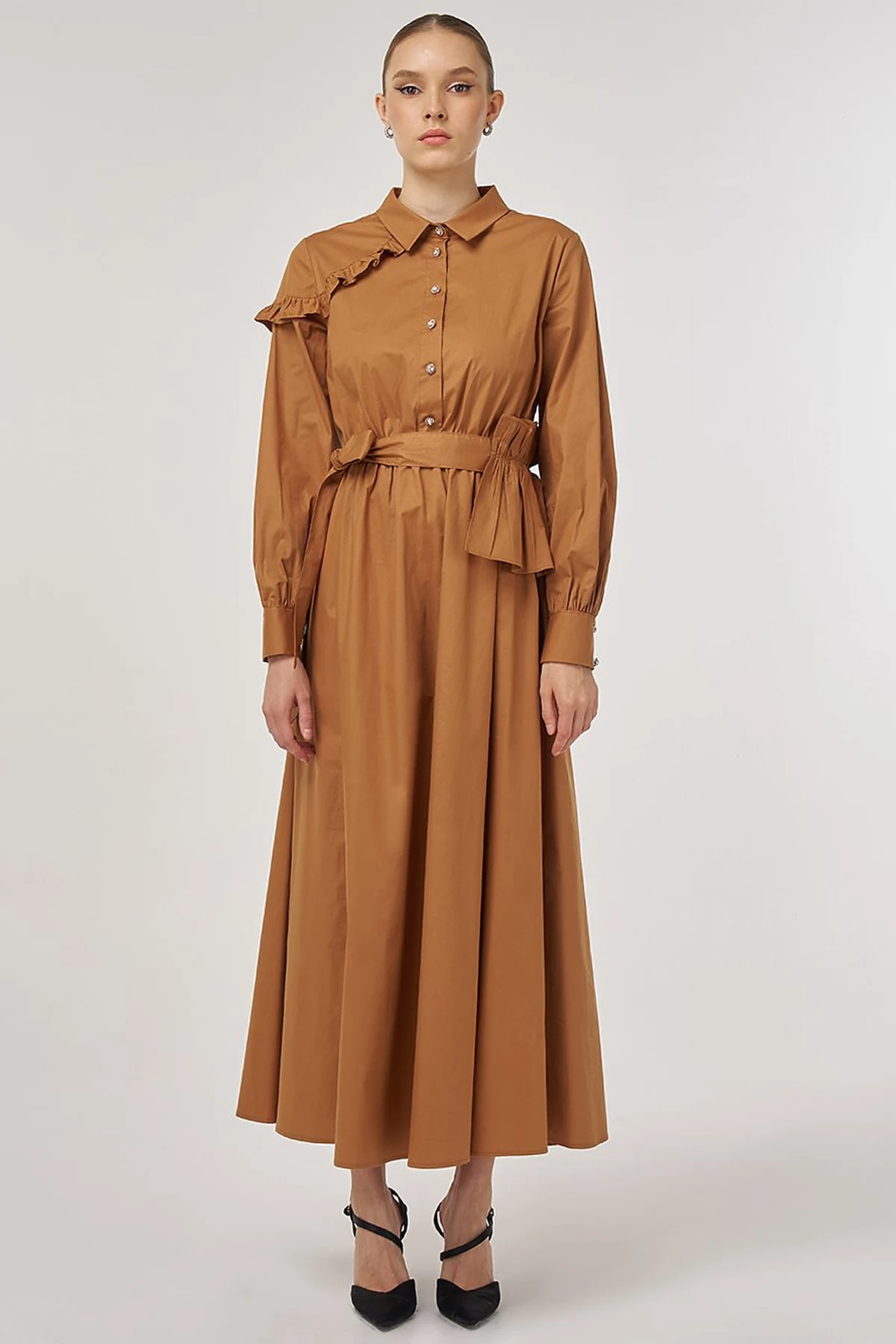 Ruffle-Detail Cotton Dress Tobacco