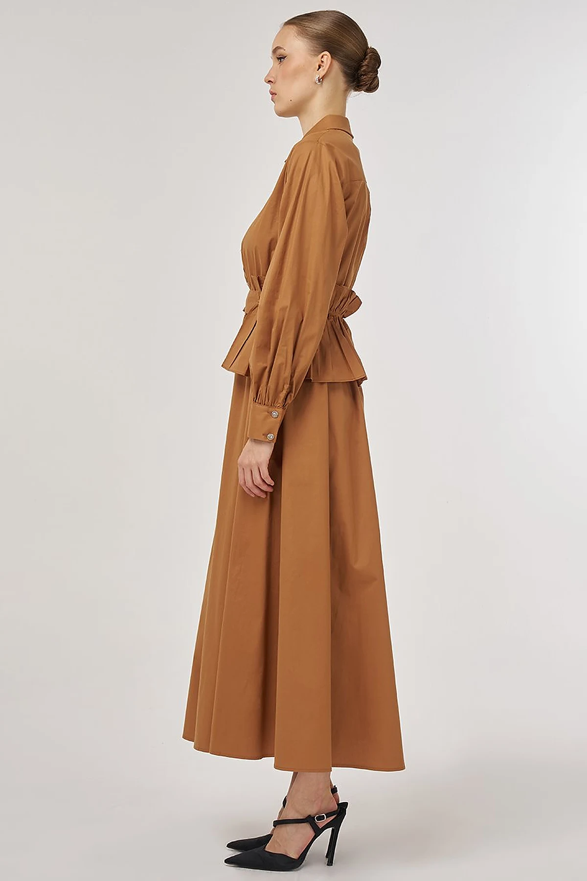 Ruffle-Detail Cotton Dress Tobacco