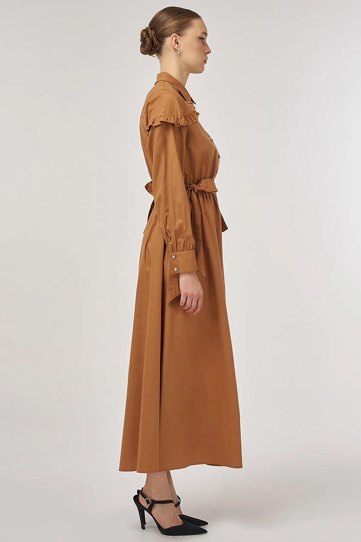 Ruffle-Detail Cotton Dress Tobacco
